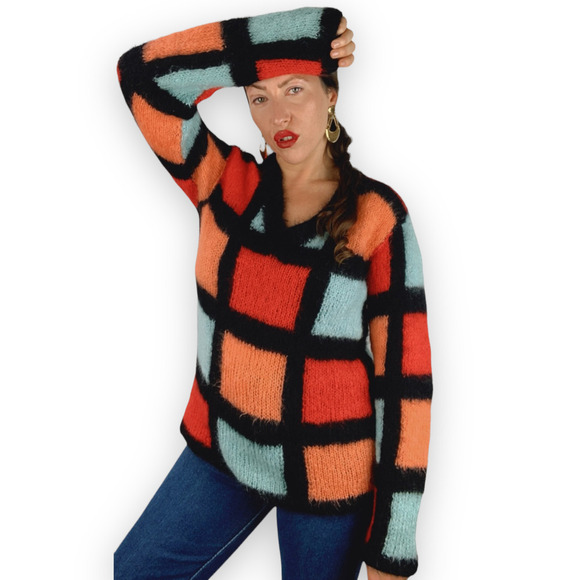 70's hand knitted mohair color block sweater - Picture 12 of 14